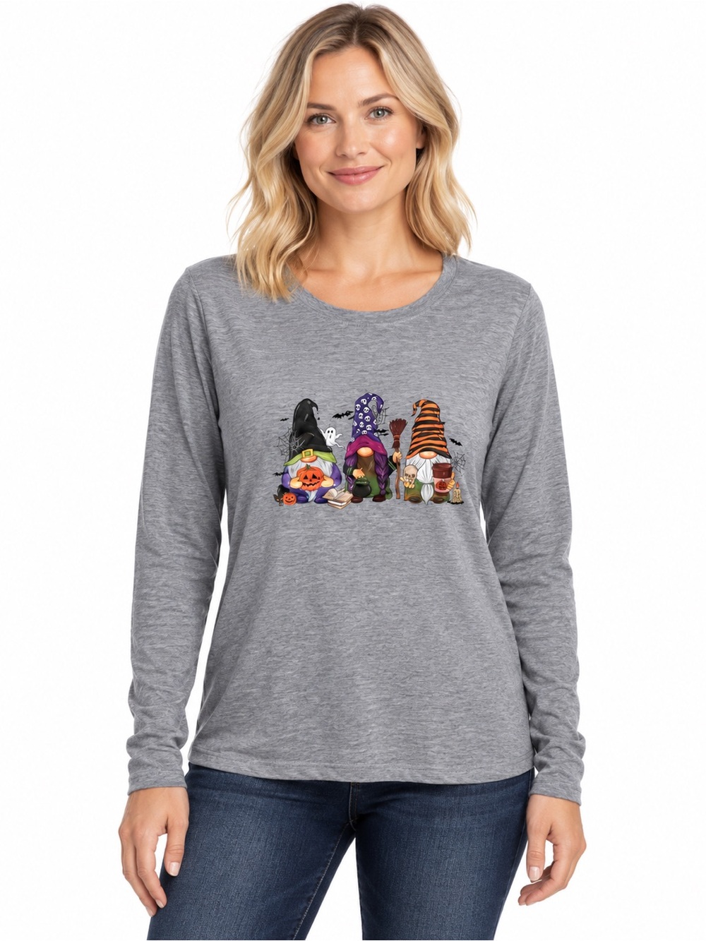 Time and Tru Gray Halloween Gnome Long Sleeve Tee